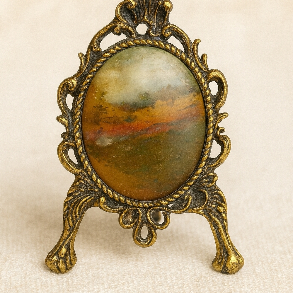 Antique Edwardian Landscape Agate Miniature Frame | Solid Brass Ormolu Easel - Picture 2 of 8